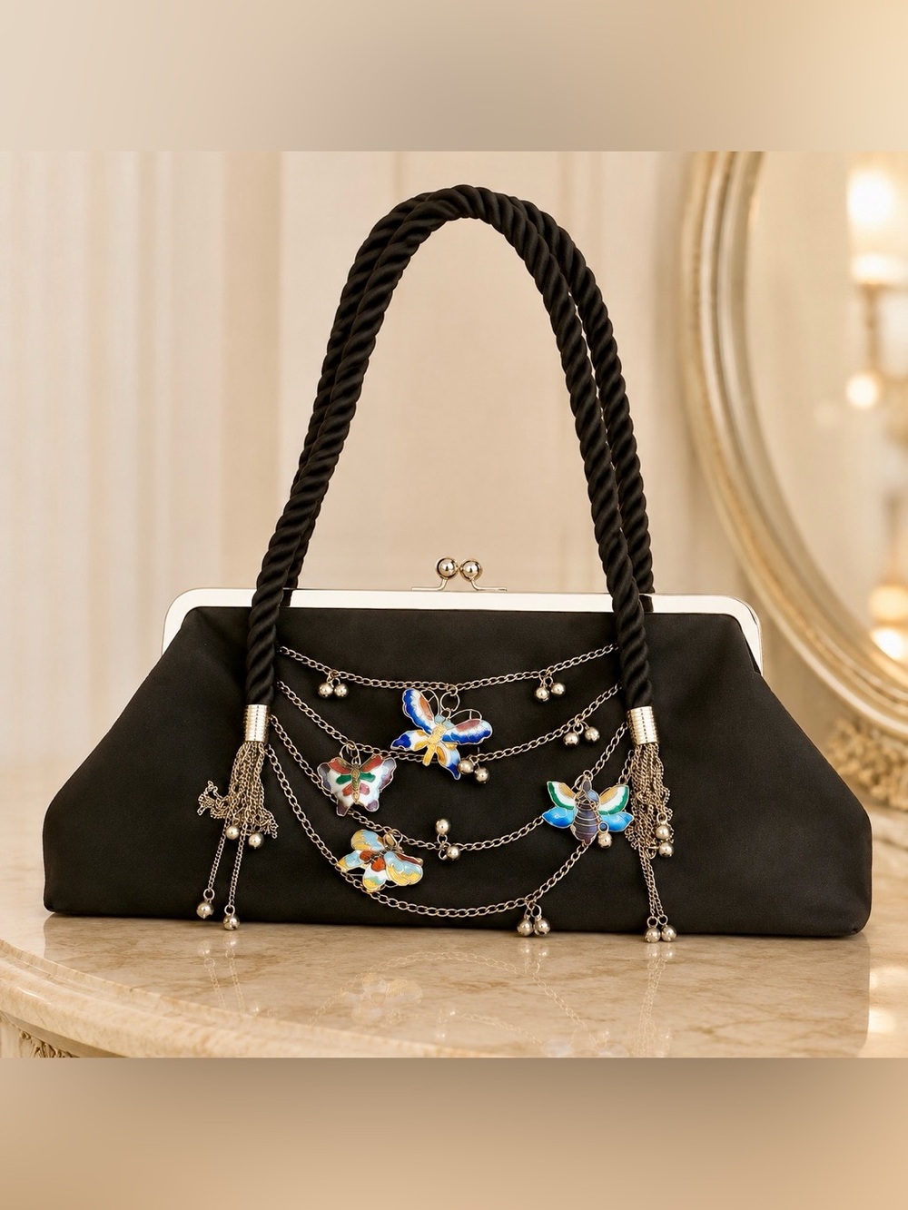 Vtg Inge Christopher Black Satin Evening Bag Beaded Butterfly Charm Chain Purse